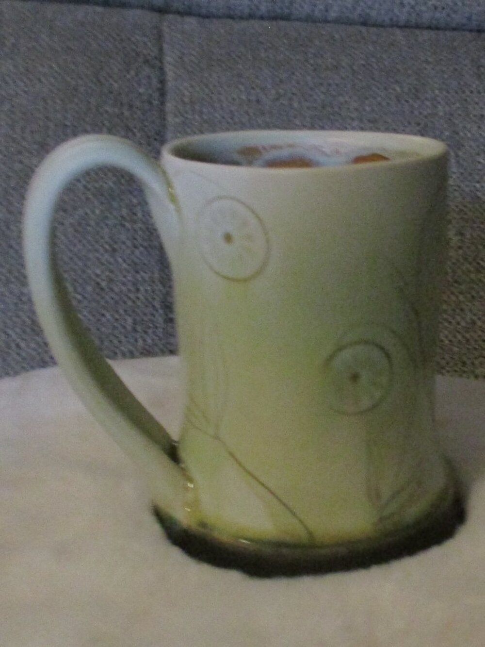 Handmade Studio Pottery Flower Coffee Mug  Green Cream Glaze Silvie Granatelli
